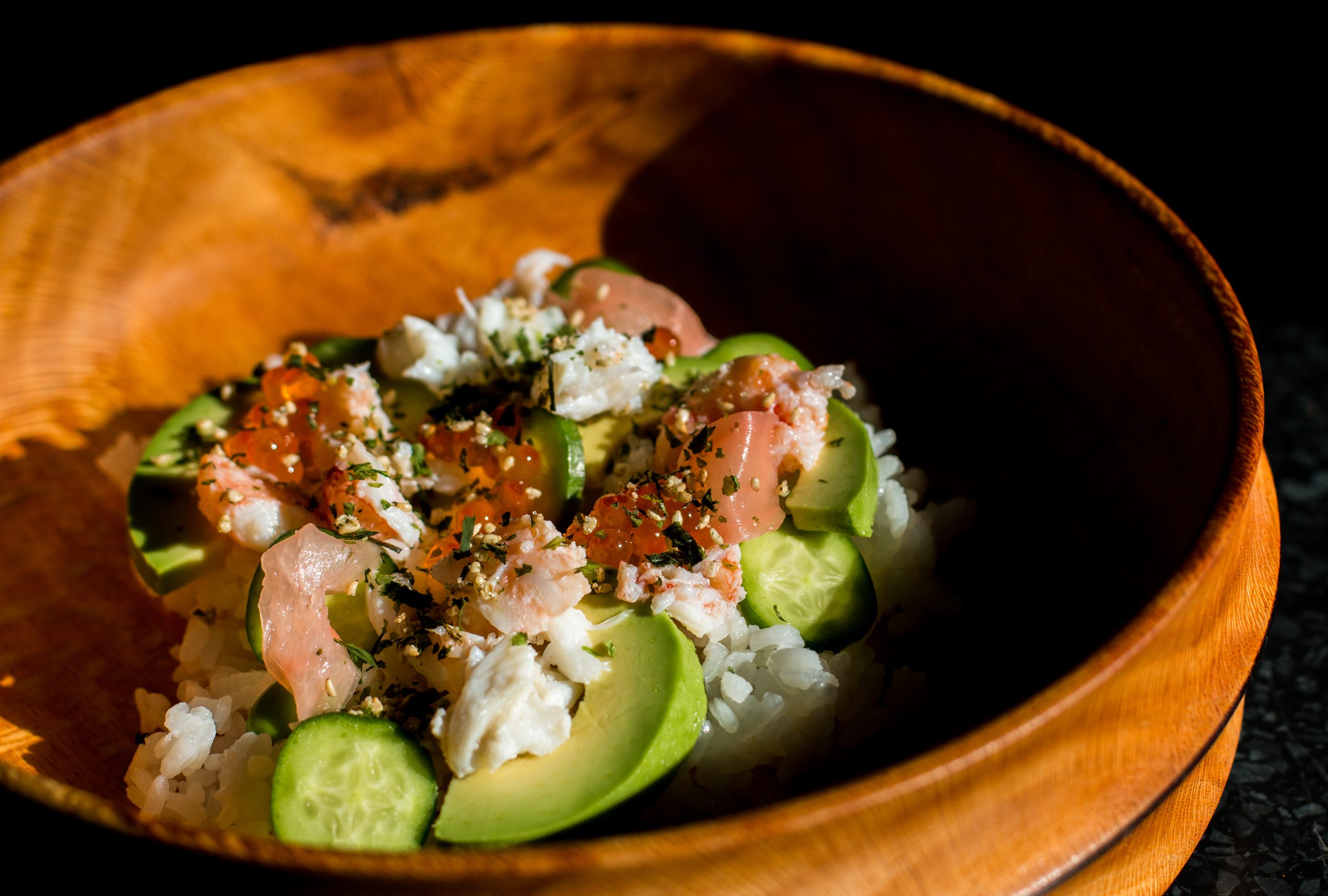 Chirashi – Scattered sushi of spanner crab California style  - Fraser Isle Spanner Crab