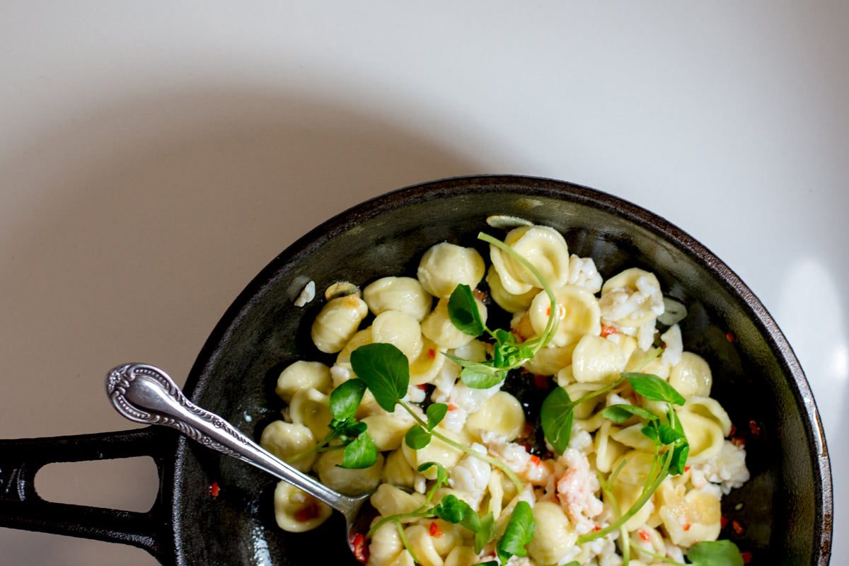 Orecchiette pasta, spanner crab, chilli, lemon and watercress - Fraser Isle Spanner Crab